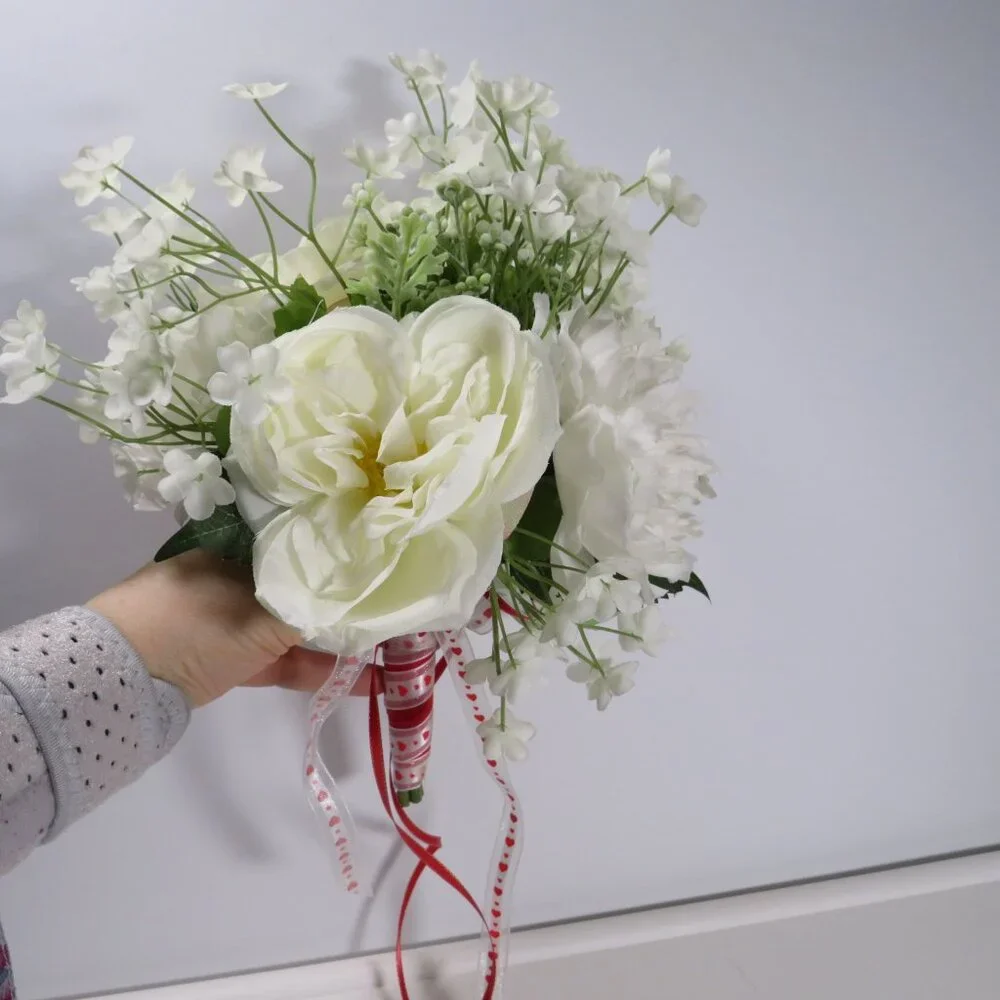 White Cabbage Roses & Verbena Hand held bouquet with heart ribbons Valentines